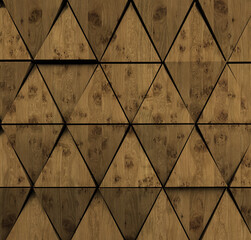 3d illustration. Background image of three-dimensional triangles of the same size, located at different heights, with a shadow and with the texture of natural and painted wood. Wood panel. Render
