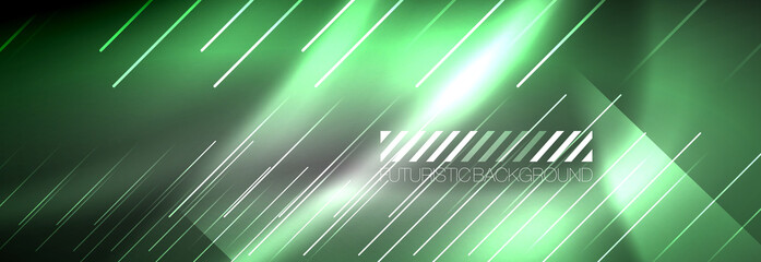 Neon glowing lines, magic energy and light motion background. Vector wallpaper template