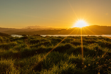 Golden rays of the setting sun illuminate a lush grassy meadow, hills and sea in the background