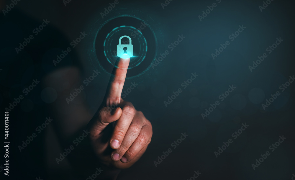 Poster businessman protecting data personal information. cyber security network. data protection privacy. p
