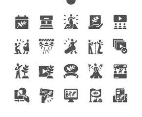 Festival de Cannes. Cinema hall. Celebrity and paparazzi. Film selection. Online streaming. Vector Solid Icons. Simple Pictogram