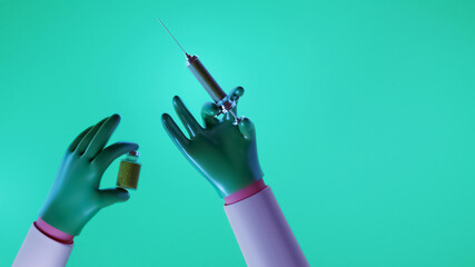 3D Rendering Of Doctor Hand Holding Vaccine On Green Background With Copy Space.