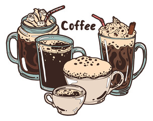 Hot coffee in the cup. Americano, espresso, cappuccino, latte with thick foam and cinnamon stick. Hand drawn isolated illustration set with the inscription on a dark background