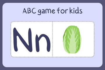 Kid alphabet mini games in cartoon style with letter N - napa cabbage. Vector illustration for game design - cut and play. Learn abc with fruit and vegetable flash cards.