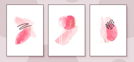 Pink and Peach Abstract Watercolor Compositions. Set of soft color painting wall art for house decoration or invitations. Minimalistic background design. Vector wall art plants in minimalist style.