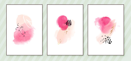 Pink and Peach Abstract Watercolor Compositions. Set of soft color painting wall art for house decoration or invitations. Minimalistic background design. Vector wall art plants in minimalist style.