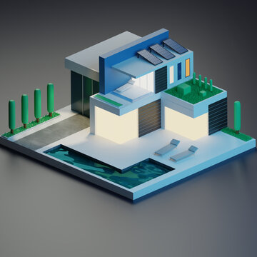3d representaci&oacute;n de la casa moderna y acogedora en el jard&iacute;n con garaje y piscina para la venta o alquiler con la luz acogedor de la ventana.