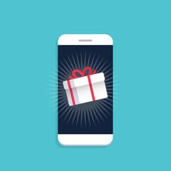 Gift box on smartphone screen. Giveaway concept. Vector illustration	