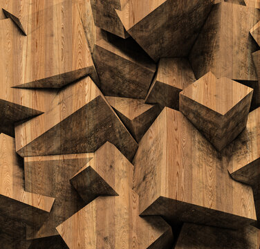 3d illustration. Background image of three-dimensional triangles of the same size, located at different heights, with a shadow and with the texture of natural and painted wood. Wood panel. Render © mehkod