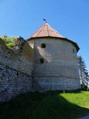 Oreshek Fortress, Shlisselburg, Leningrad Region, Russia-June, 4, 2021.Ancient Russian fortress on Ladoga lake.  Summer panorama of  Oreshek castle.ancient destroyed and restored buildings and walls