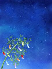 夜空と短冊が揺れる笹（タテ）