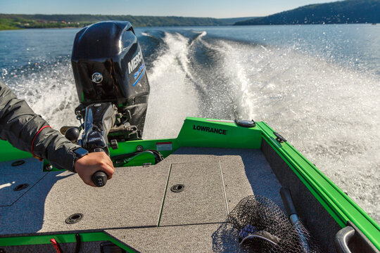 Ukraine, Dniester - 11 June 2021.Dniester Grand Canyon.two Fisherman On Boat.Zander Fishing. Walleye Fish On Hook In Water. Catching Pike.bass Boat Fishing.