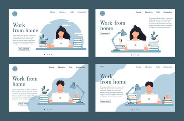 Freelance work. A set of websites. Customer support chat and work from home. Men and girls at the computer. Work from home concept. Landing page template. Vector stock illustration.