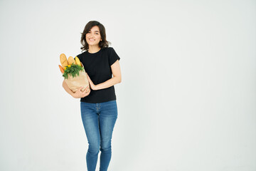 pretty woman with food package fun healthy food supermarket