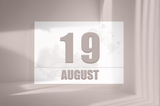 august 19. 19th day of the month, calendar date.White sheet of paper with numbers on minimalistic pink background with window shadows.Summer month, day of the year concept