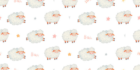 seamless pattern with cute sheep, hearts, stars, childrens illustration