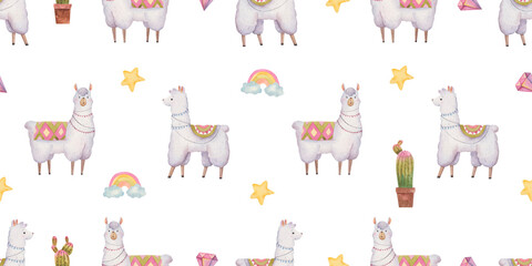 seamless pattern with llamas, alpacas, cute baby illustration