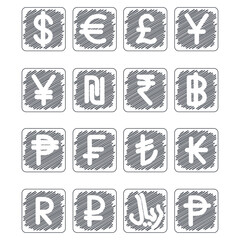 Set of most used currency symbols, icons used in different countries, black, white, scribble illustration.