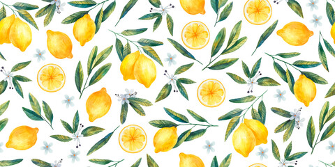 seamless pattern, background with juicy bright lemons, branches, flowers, illustration