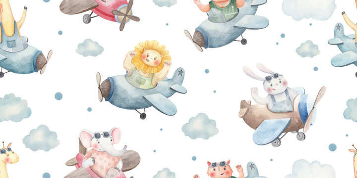 Fototapeta seamless pattern with animals in airplanes, among the clouds, animal pilots, illustration