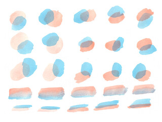 Set of abstract beach tone peach and blue colors brush strokes watercolor design elements