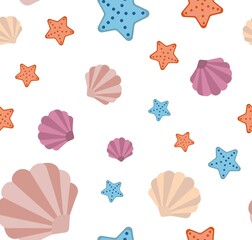 Vector illustration. A pattern consisting of seashells and starfish. Can be used for packaging and other textiles.
