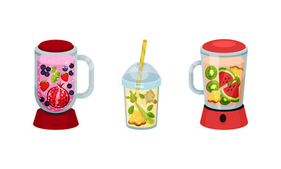 Obraz premium Smoothie in Blender and Glass with Straw with Different Ingredients Mixing Together Vector Set
