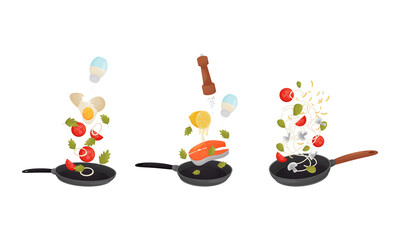 Food Preparation with Floating Salmon Steak and Vegetables Cooking on Frying Pan Vector Set