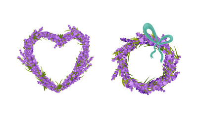Violet Lavender Twigs Arranged in Circle and Heart Wreath Vector Set