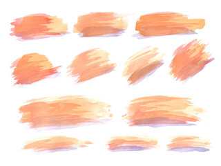 Set of orange purple brush strokes watercolor design elements