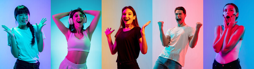 Portraits of group of people on multicolored background in neon light, collage.