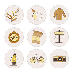 A set of 9 vector linear icons on the theme of cycling, tourism, travel, outdoor activities. Bicycle, equipment, map, pointers. 