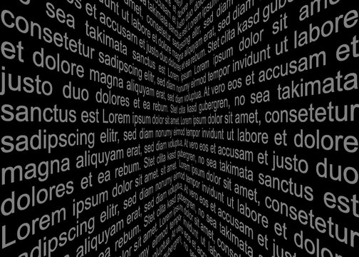 Perspektivisch verlaufender Text vor schwarzem Hintergrund