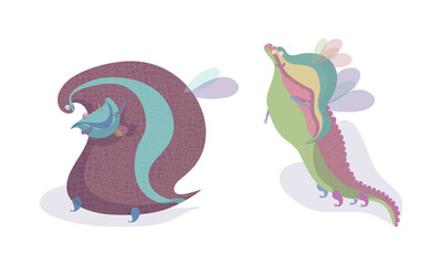 Fairy Dragon with Small Wings Playing with Its Cub Vector Set