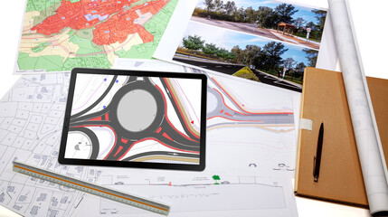 Urbanisme - Aménagement du territoire - Tablette numérique posée sur des cartes et plan de masse d'un projet de voirie et giratoire