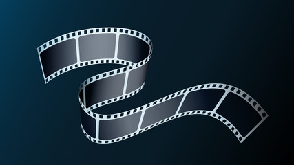 Fototapeta na wymiar Realistic 3d Film strip cinema on blue background with place for text. Cinema Background. Modern 3d isometric film strip in perspective. Movie template for festival poster, banner, flyer, brochure.