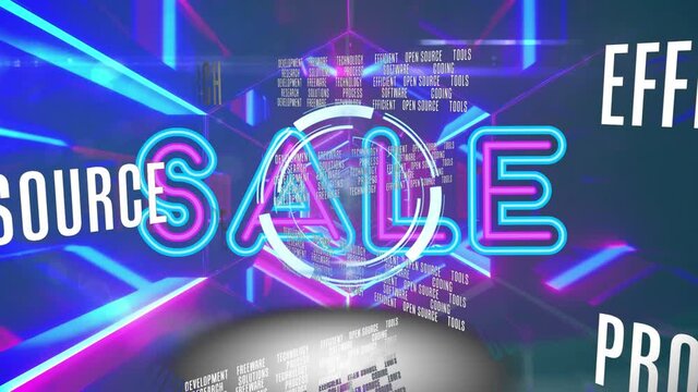Animation of sale text over business text and neon lights