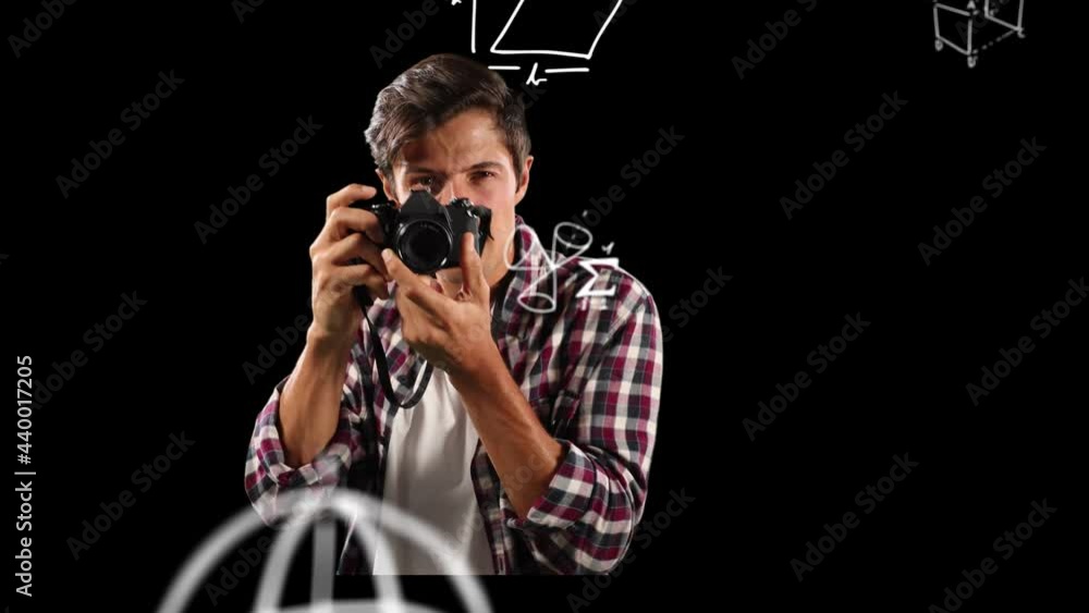 Aufkleber animation of mathematical equations over man using camera