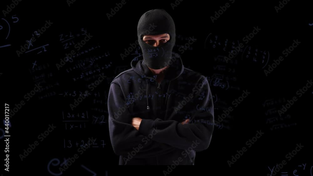 Poster animation of mathematical equations over hacker in balaclava
