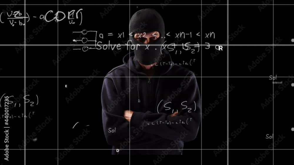 Poster animation of mathematical equations over hacker in balaclava