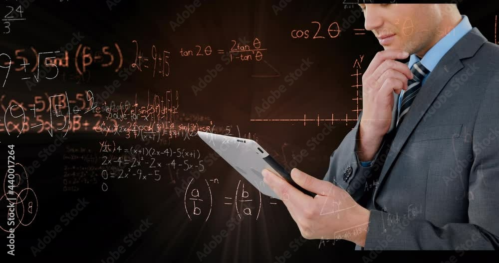 Poster animation of data processing and mathematical equations over businessman using tablet