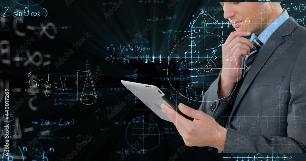 Poster animation of data processing and mathematical equations over businessman using tablet
