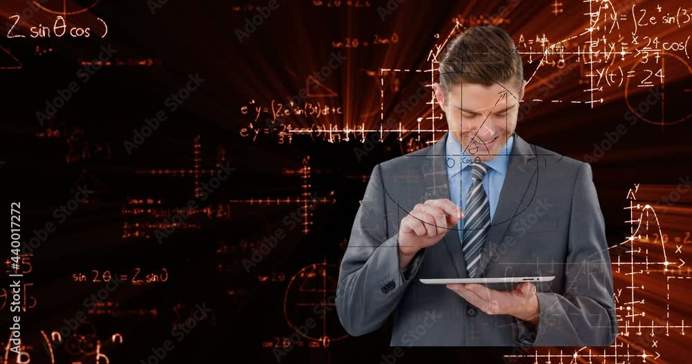 Poster animation of data processing and mathematical equations over businessman using tablet