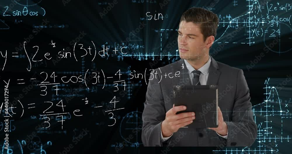 Poster animation of data processing and mathematical equations over businessman using tablet