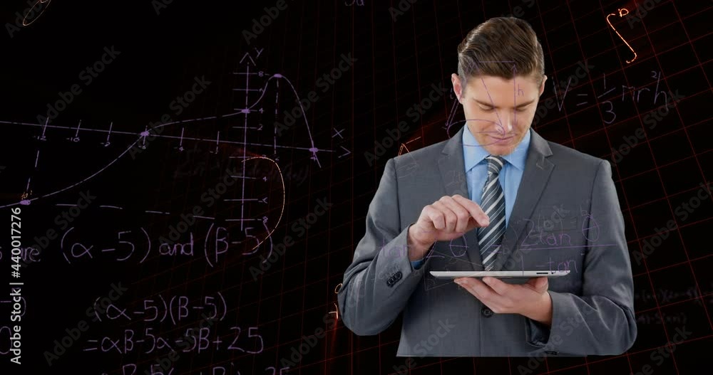 Poster animation of data processing and mathematical equations over businessman using tablet