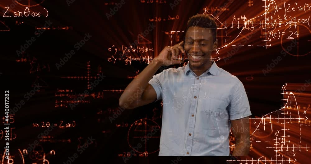 Poster animation of data processing and mathematical equations over man using smartphone