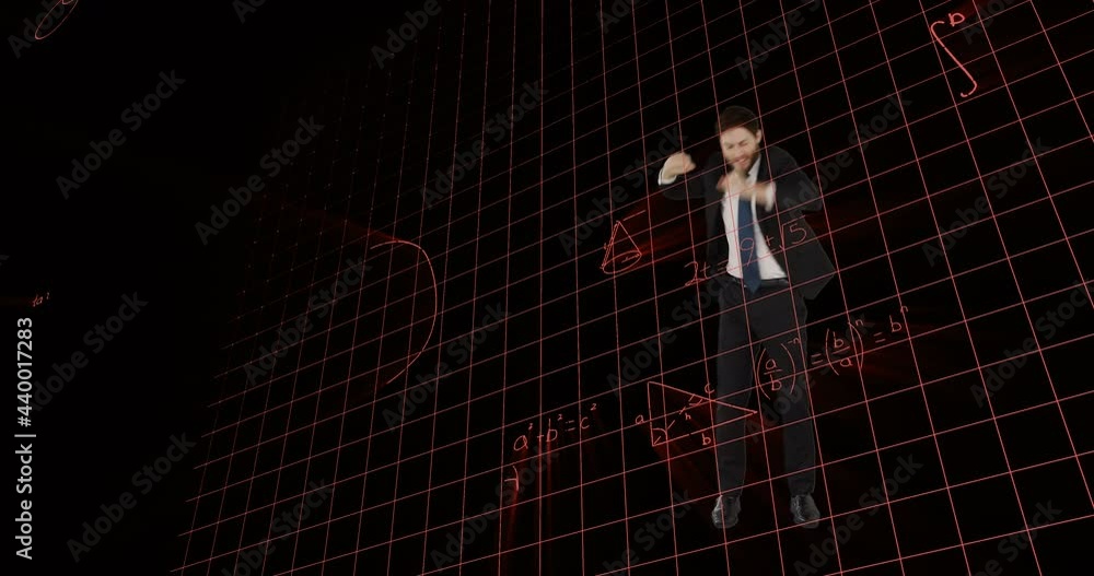 Poster animation of data processing and mathematical equations over businessman jumping with joy