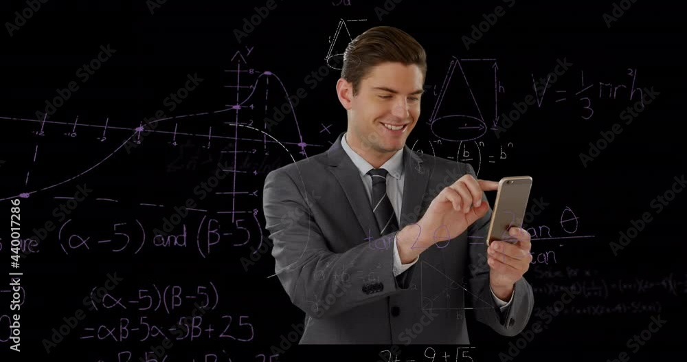 Poster animation of data processing and mathematical equations over businessman using smartphone
