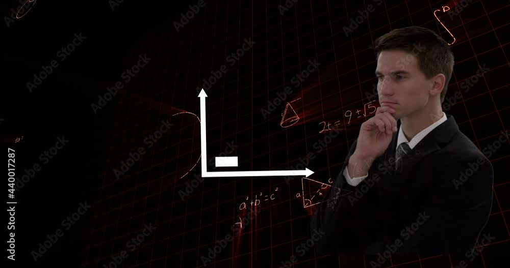 Aufkleber animation of data processing and mathematical equations over businessman touching screen