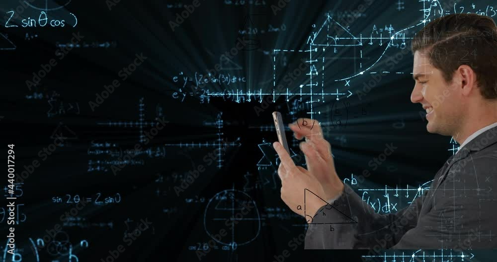 Poster animation of data processing and mathematical equations over businessman using tablet
